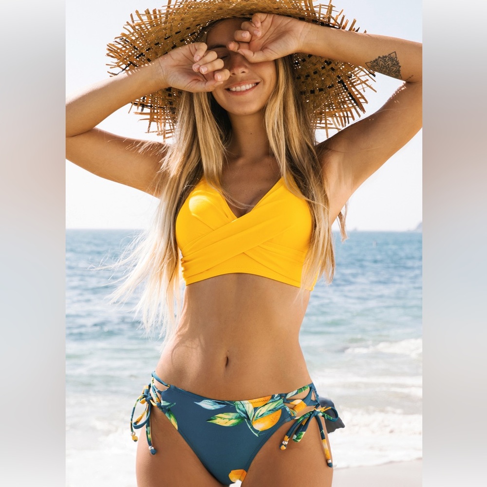 Yellow Wrap Front & Floral Print Tie Side Bikini Set - Size Large